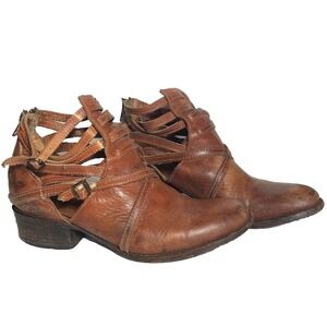 Freebird Steven Stair Brown Leather Ankle Boots Strappy Block Heel Distressed 8